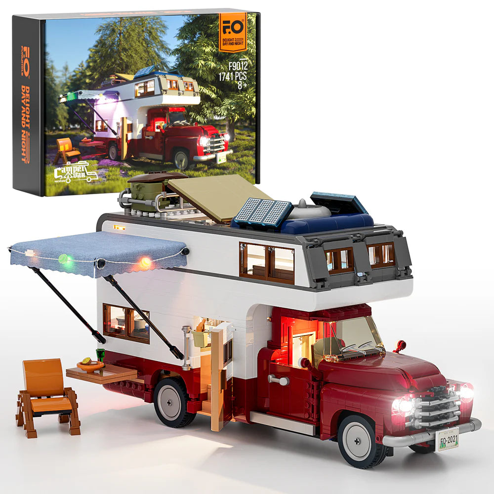 Lumibricks F9012 Camper Van with box, extended awning, outdoor chair, and LED lights on display