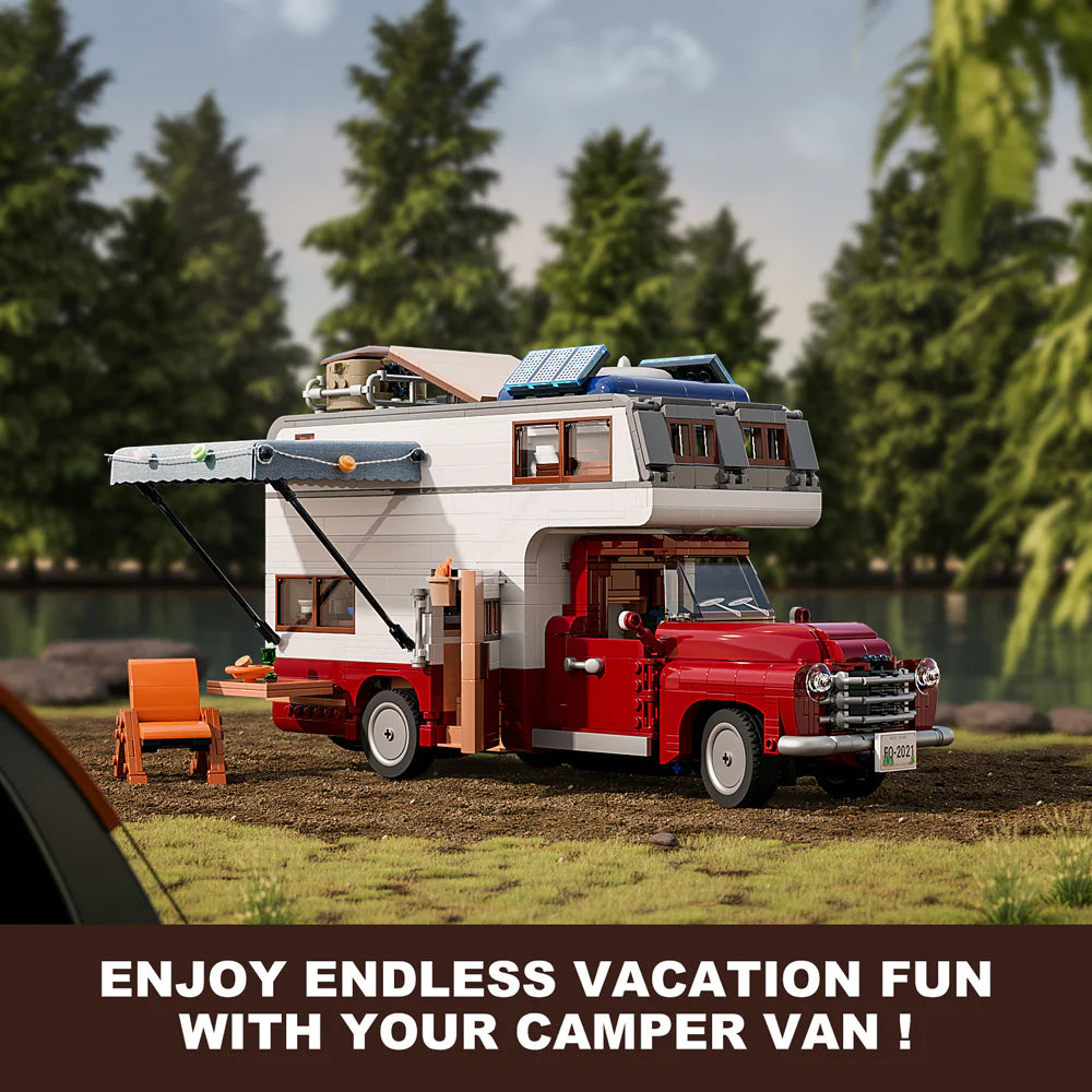 Lumibricks F9012 Camper Van at forest campsite with extended awning, orange chair, and pine trees in background