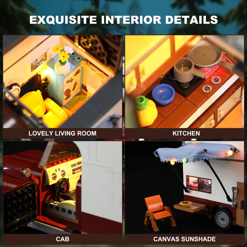 Lumibricks F9012 Camper Van interior details: living room, kitchen, cab dashboard, and canvas sunshade with chair