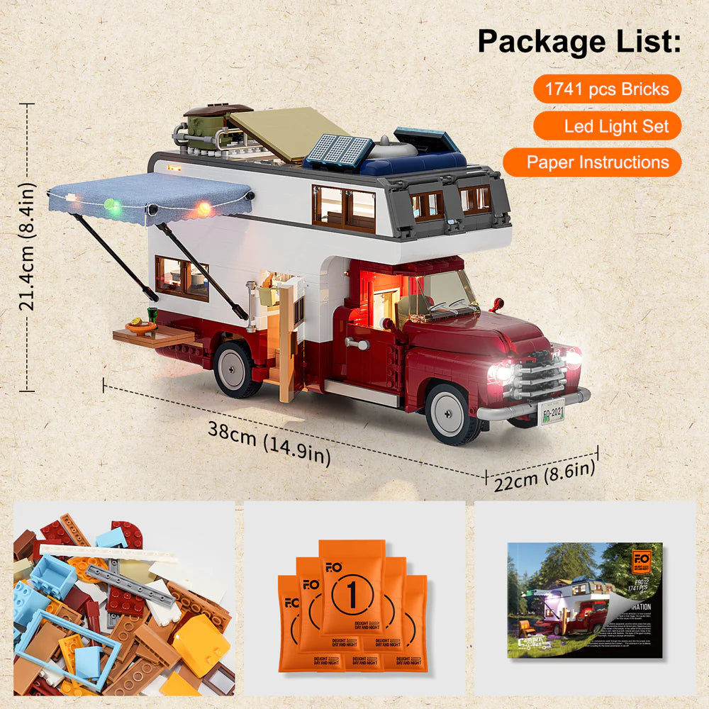 Lumibricks F9012 Camper Van with package contents, set dimensions, brick bags, LED light kit, and instructions