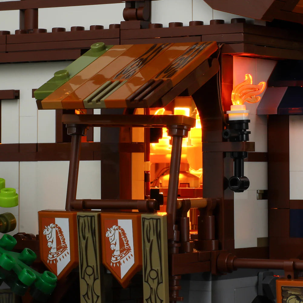 Lumibricks (Formerly Funwhole) F9015 Medieval Market illuminated balcony with horse banners, torch, and medieval shop details