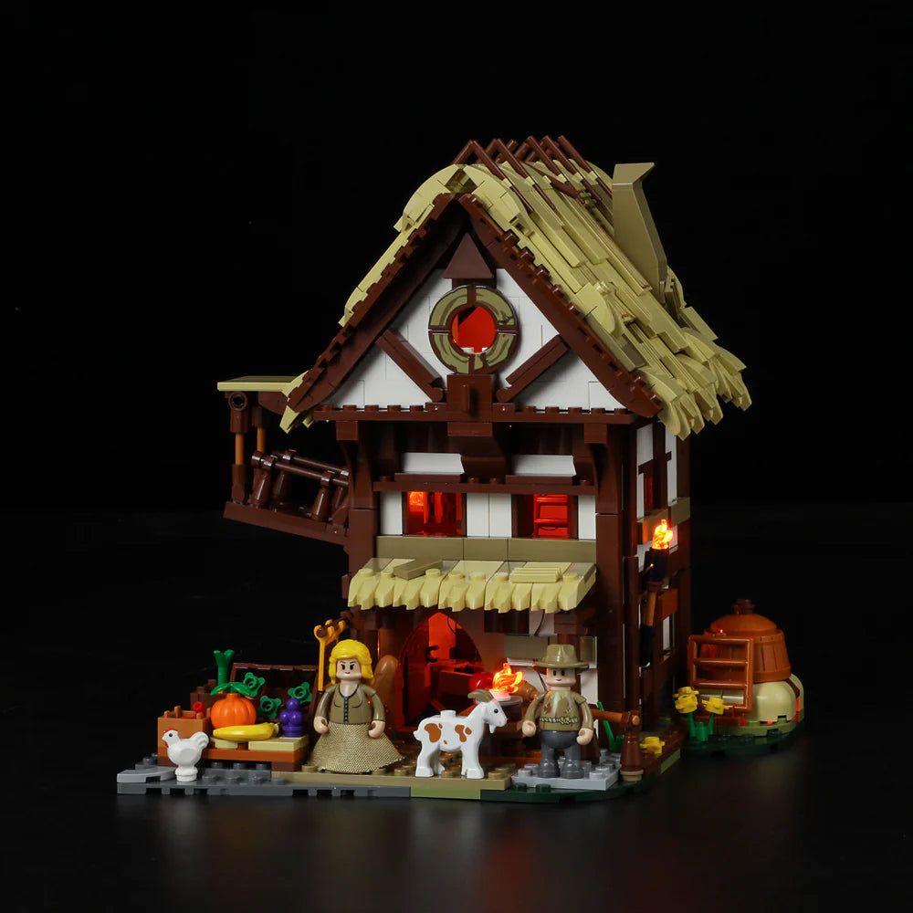 Lumibricks (Formerly Funwhole) F9015 Medieval Market barn with farmer, calf, chicken, vegetables, and illuminated interior