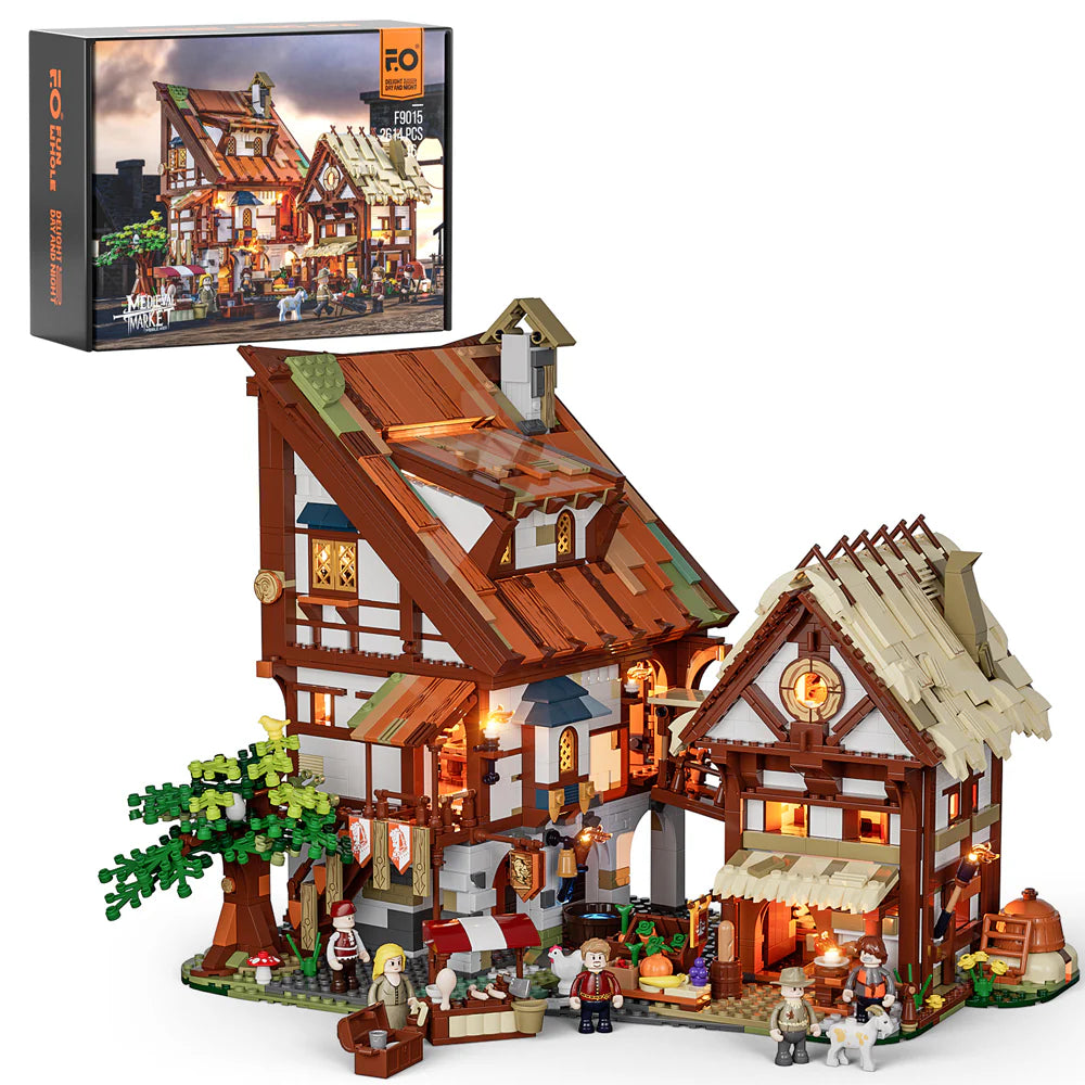 Lumibricks (Formerly Funwhole) F9015 Medieval Market set with box, modular market buildings, minifigures, and outdoor stalls