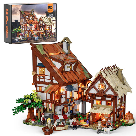 Lumibricks (Formerly Funwhole) F9015 Medieval Market set with box, modular market buildings, minifigures, and outdoor stalls