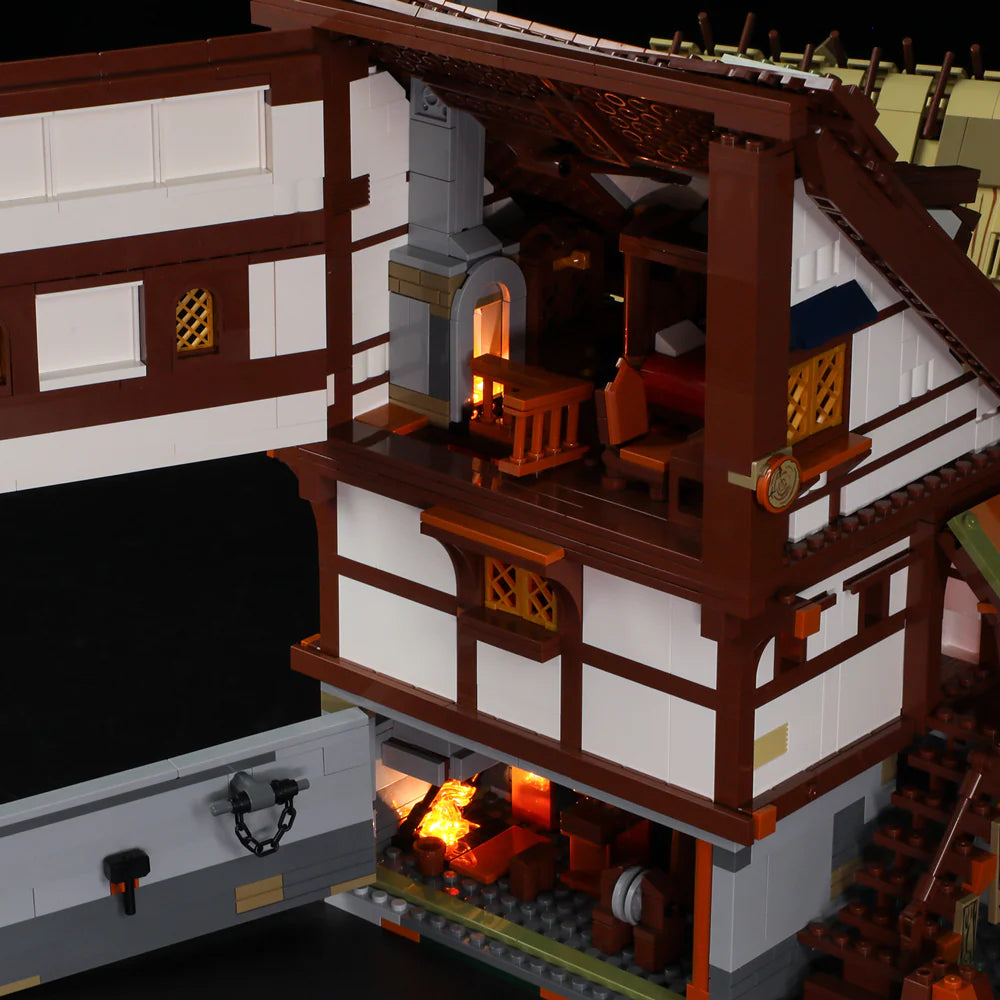 Lumibricks (Formerly Funwhole) F9015 Medieval Market cutaway view with blacksmith forge, glowing fire, and upper living area