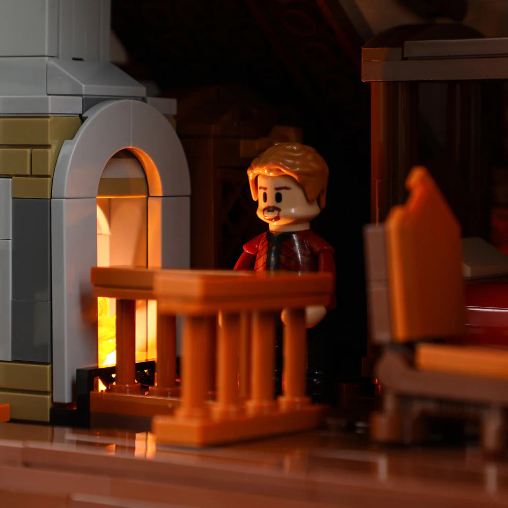 Lumibricks (Formerly Funwhole) F9015 Medieval Market interior with minifigure by glowing fireplace and wooden furniture