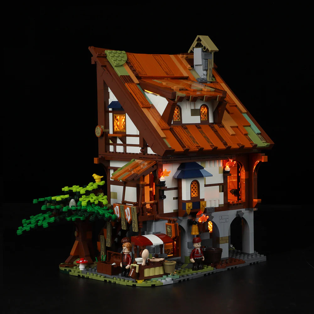 Lumibricks (Formerly Funwhole) F9015 Medieval Market modular building with LED lights, market stall, tree, and minifigures