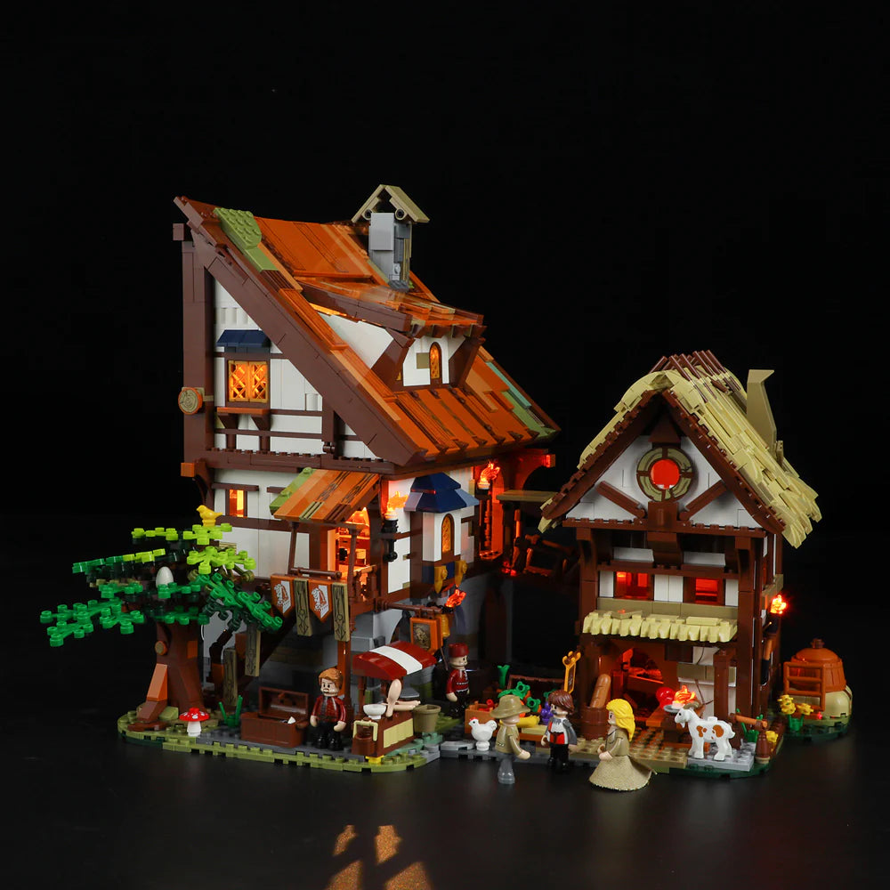 Lumibricks (Formerly Funwhole) F9015 Medieval Market modular buildings with LED lights, minifigures, market stalls, and tree