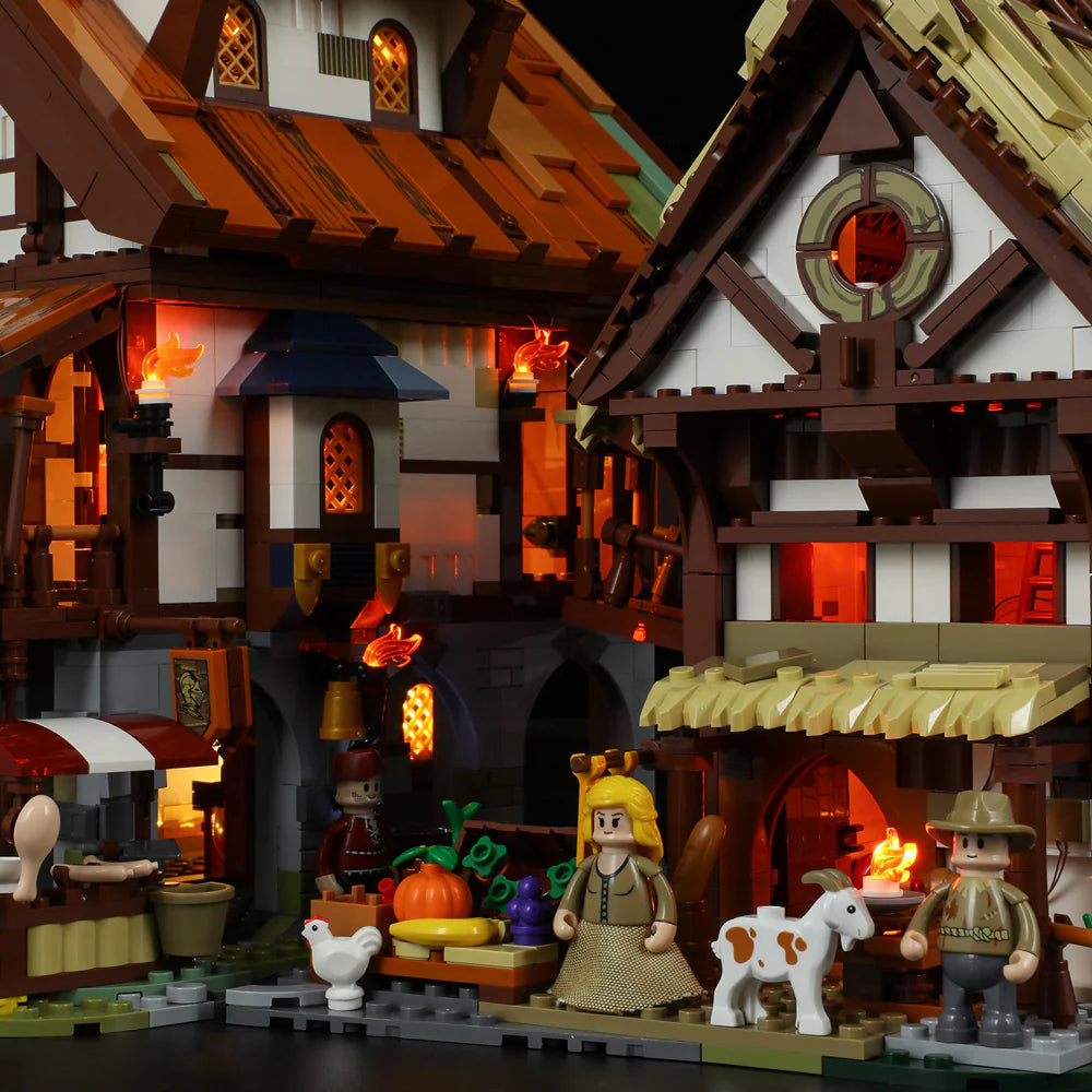 Lumibricks (Formerly Funwhole) F9015 Medieval Market street scene with illuminated market stalls, minifigures, goat, and chicken