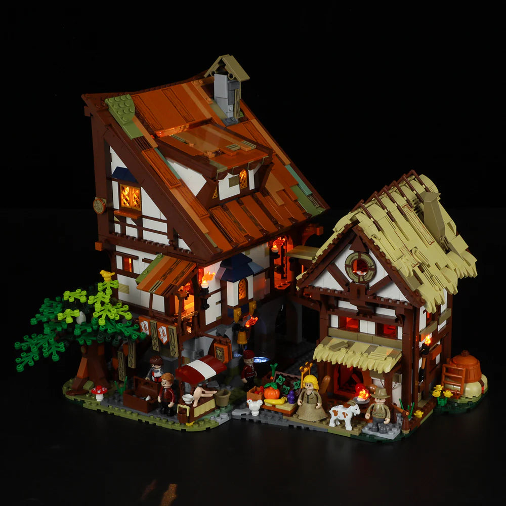 Lumibricks (Formerly Funwhole) F9015 Medieval Market street scene with market stalls, minifigures, animals, and glowing lights