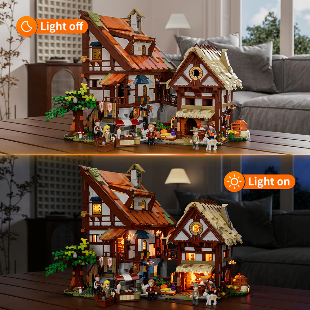Lumibricks (Formerly Funwhole) F9015 Medieval Market with LED lights on and off, showing illuminated market scene and details