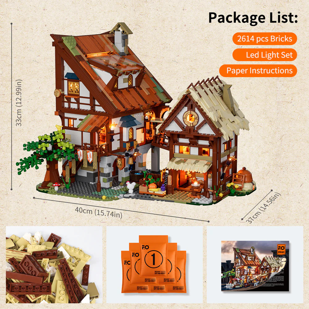 Lumibricks (Formerly Funwhole) F9015 Medieval Market set with box, 2614 bricks, LED light set, paper instructions, and building dimensions