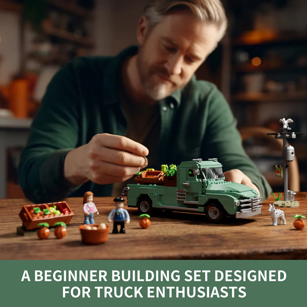 Lumibricks F9016 Farm Truck beginner building set with green truck, market stand, minifigures, pumpkins, and dog