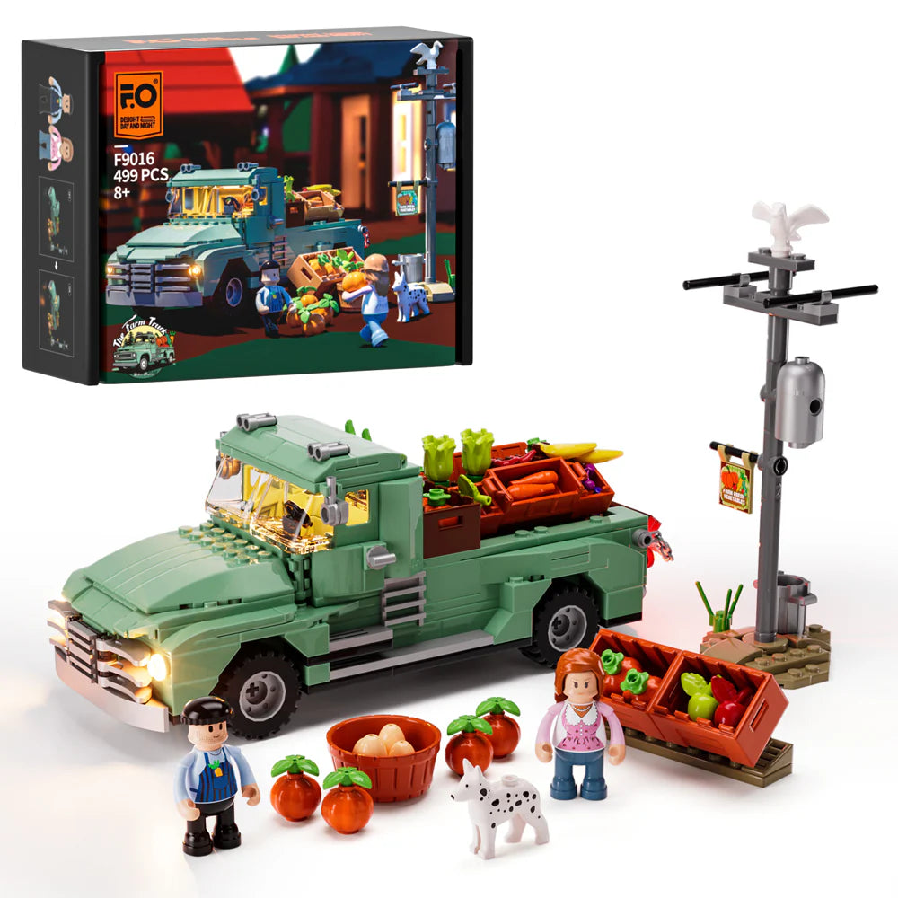 Lumibricks F9016 Farm Truck set with box, green farm truck, market stand, minifigures, dog, vegetables, and eggs