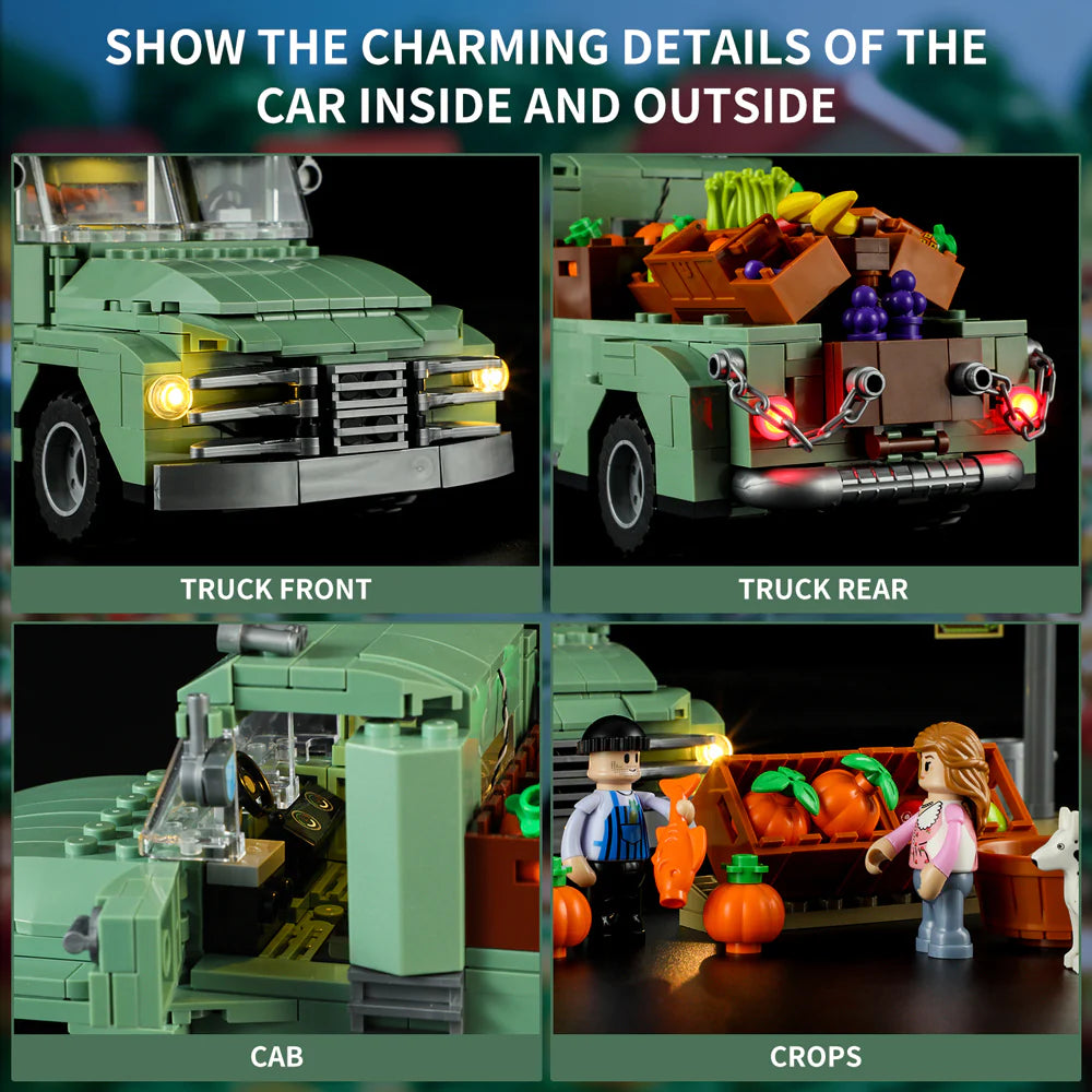 Lumibricks F9016 Farm Truck showing front headlights, rear taillights, cab interior, and crop-filled market stand