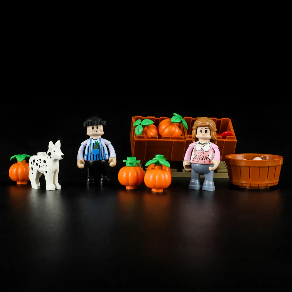 Lumibricks F9016 Farm Truck set minifigures with dog, pumpkins, market crate, and basket on black background