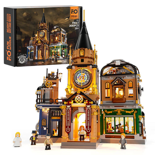 Lumibricks F9017 Steampunk Trading Center box set with central clock tower, detailed architecture, and minifigures