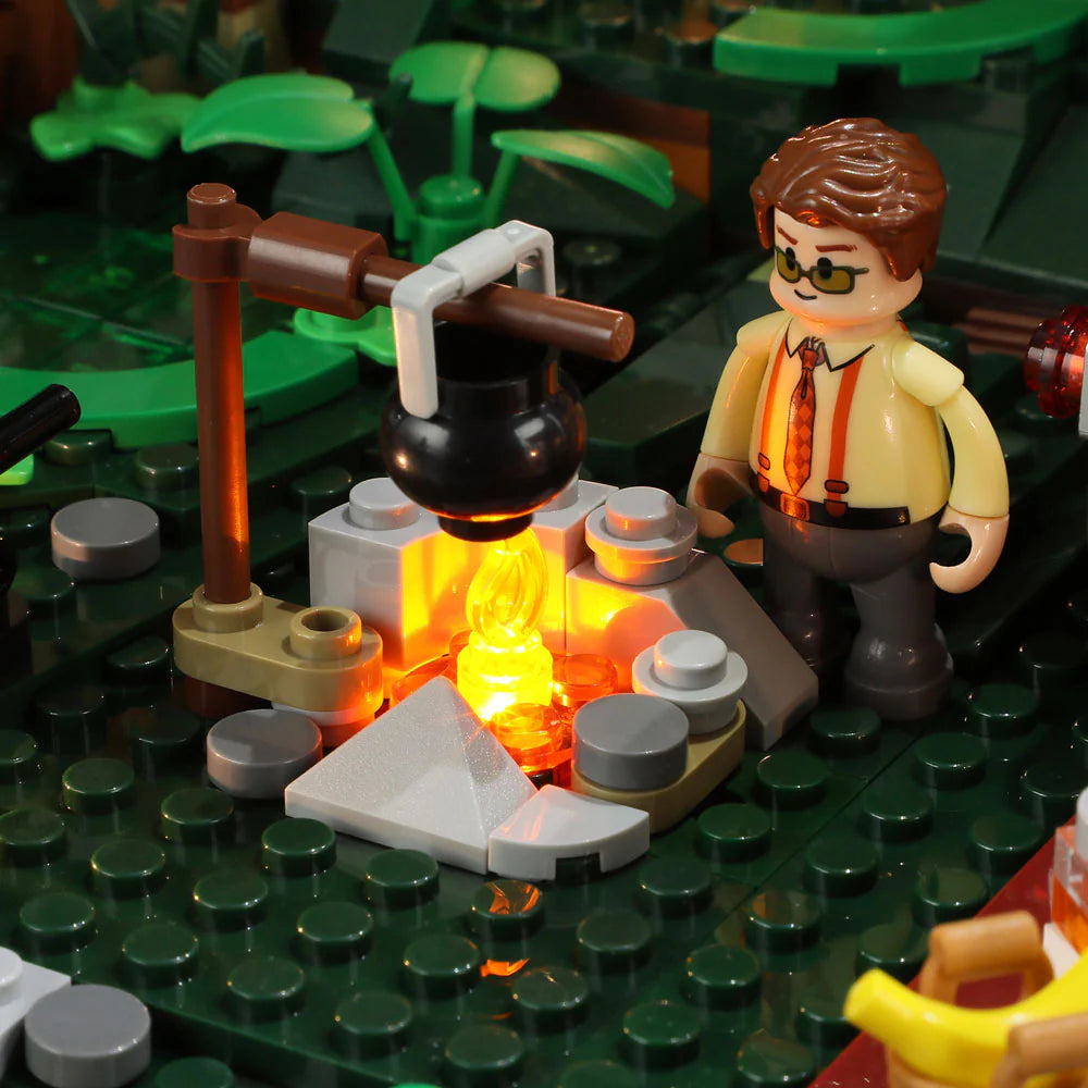 Lumibricks F9022 Lookout Campground campfire scene with minifigure and cooking pot over fire