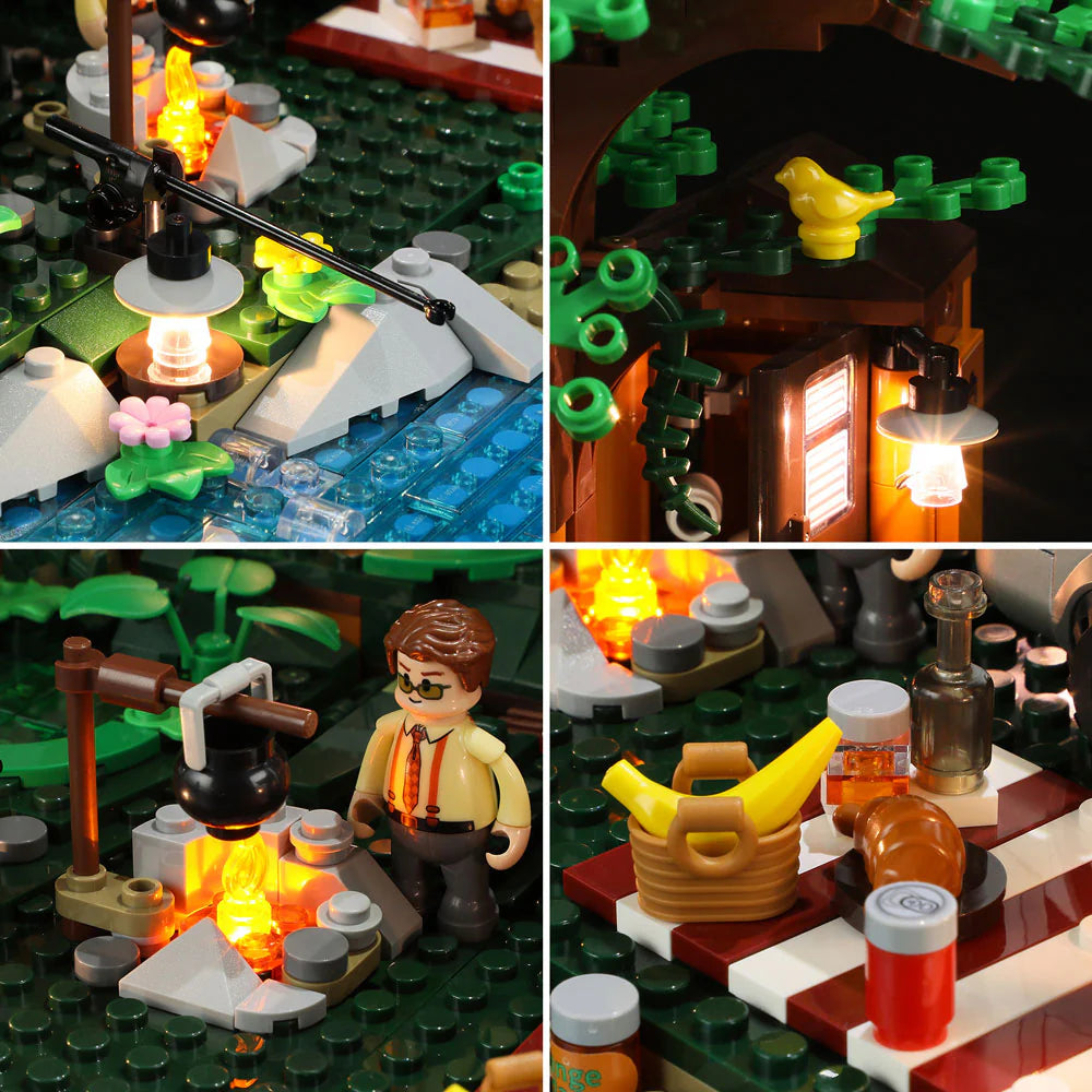 Lumibricks F9022 Lookout Campground close-ups with fishing rod, lantern, yellow bird, campfire, and picnic