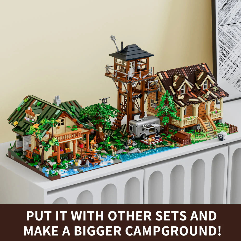 Lumibricks F9022 Lookout Campground combined with other cabin sets for a large, detailed campground display