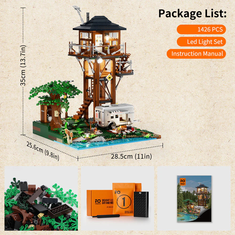 Lumibricks F9022 Lookout Campground set with lookout tower, camper, tree, package contents, and product dimensions shown