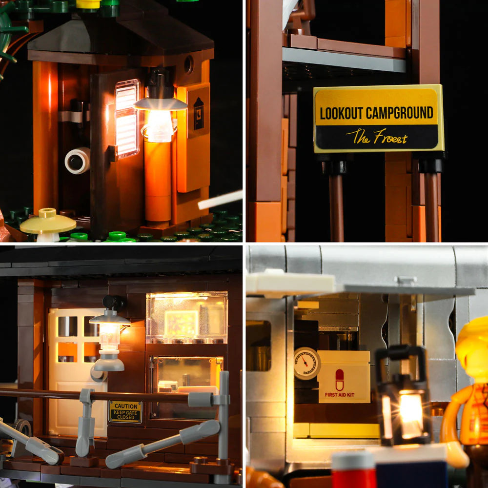 Lumibricks F9022 Lookout Campground details with lit outhouse, campground sign, deck light, and first aid kit