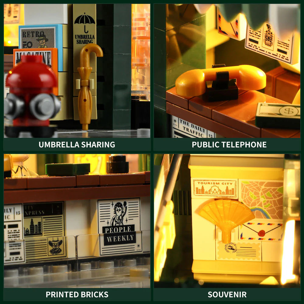 Lumibricks F9023 Newsstand accessories: umbrella sharing, public telephone, printed bricks, and souvenir display inside shop
