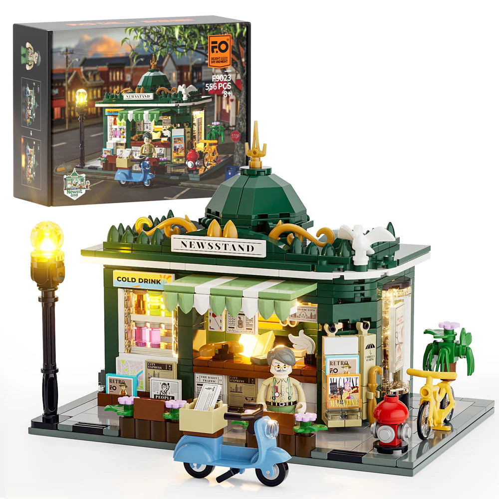 Lumibricks F9023 Newsstand box set with illuminated newsstand, minifigure vendor, scooter, bikes, and modular city street