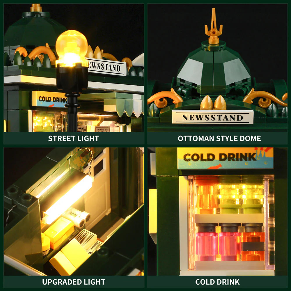 Lumibricks F9023 Newsstand lighting details: street light, Ottoman-style dome, upgraded interior light, and cold drink fridge