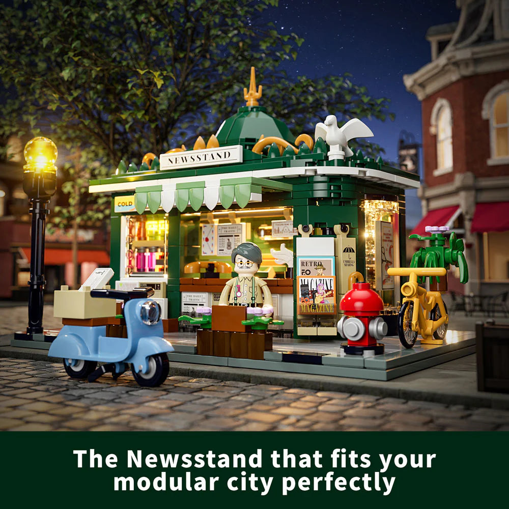Lumibricks F9023 Newsstand set at night with illuminated dome, minifigure vendor, scooter, bikes, and modular city street