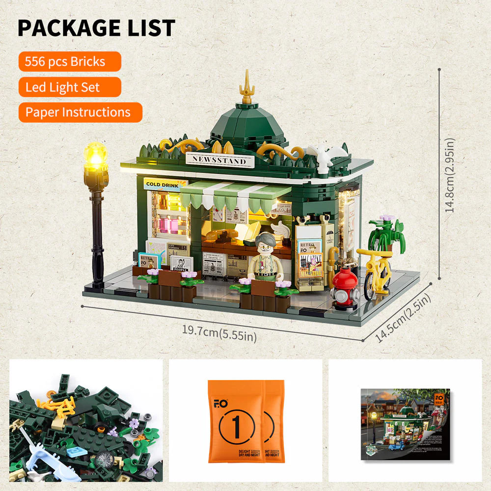 Lumibricks F9023 Newsstand package contents with illuminated newsstand, minifigure, bikes, LED light set, paper instructions, and set dimensions