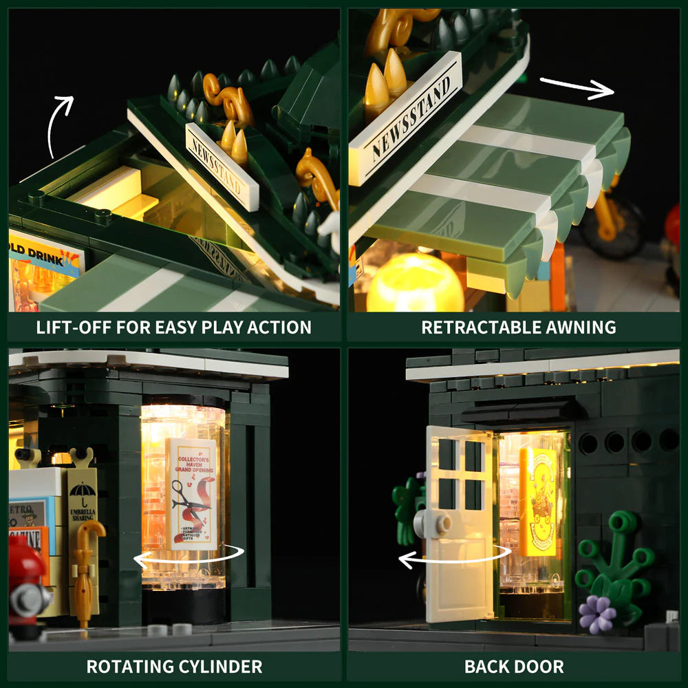Lumibricks F9023 Newsstand play features: lift-off roof, retractable awning, rotating poster cylinder, and opening back door