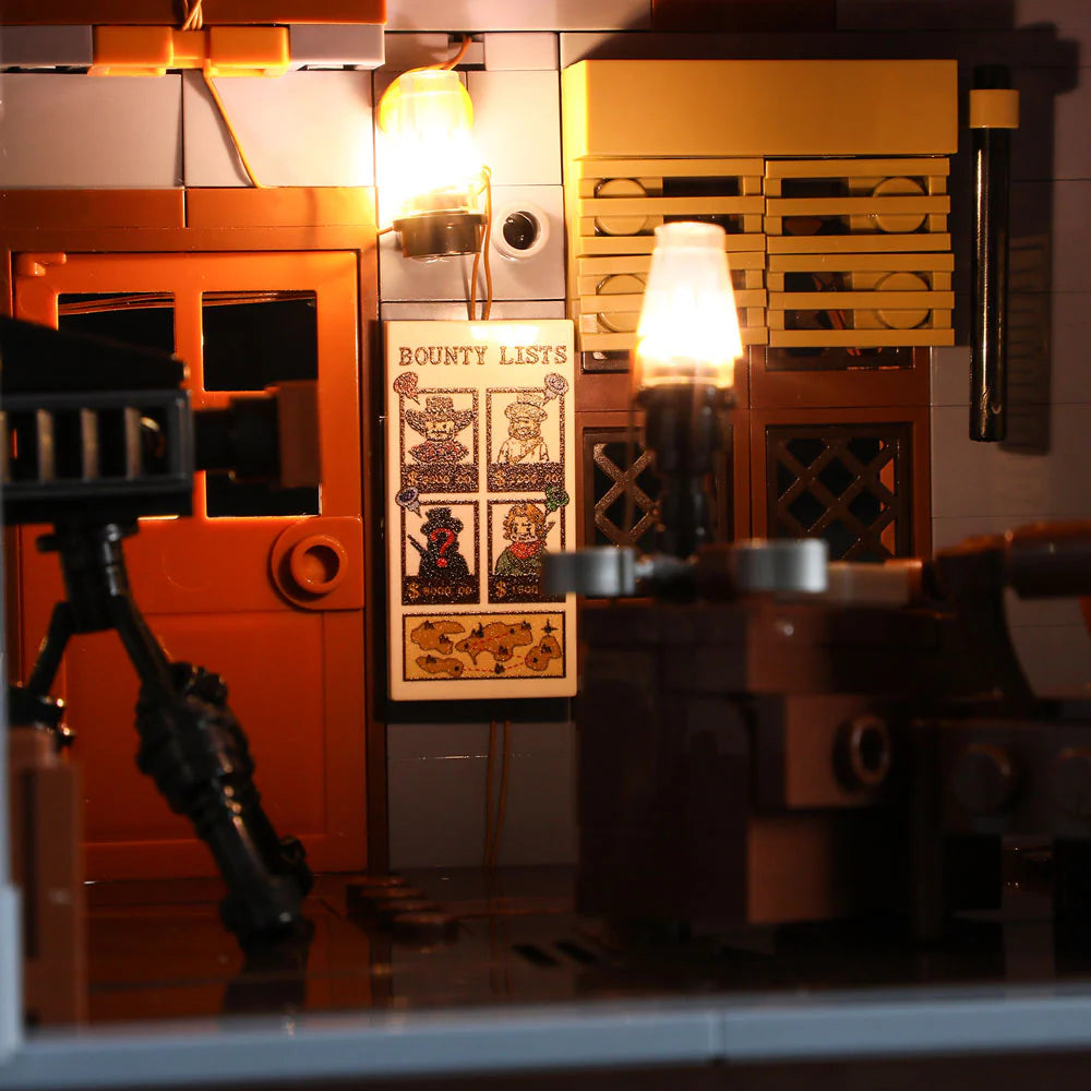 Lumibricks F9026 Sheriff’s Office interior with bounty lists, glowing lamps, barred window, and Western office furniture at night