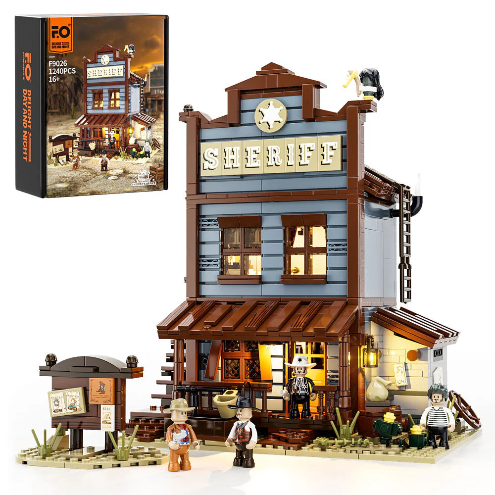 Lumibricks F9026 Sheriff’s Office box set with Western sheriff building, minifigures, and wanted poster board in daylight