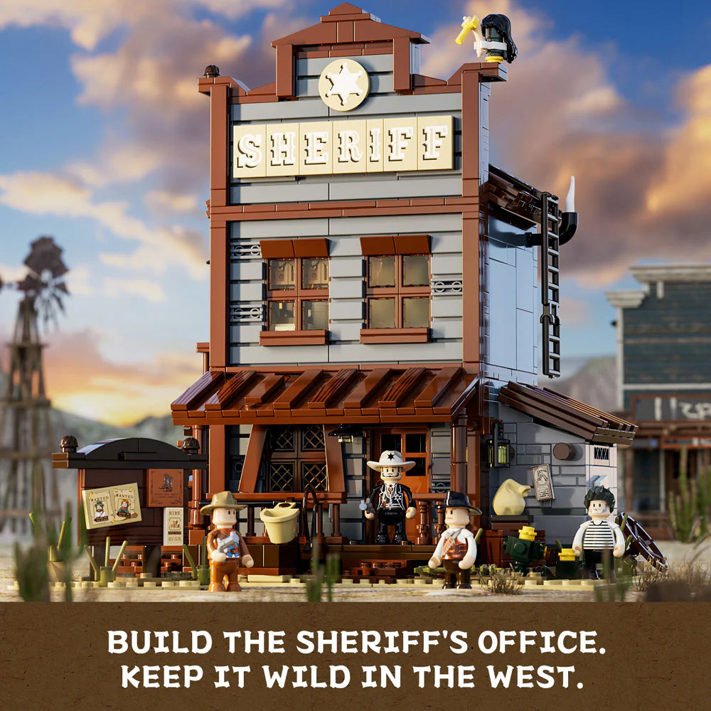Lumibricks F9026 Sheriff’s Office front view in daylight with sheriff sign, minifigures, and Old West town background