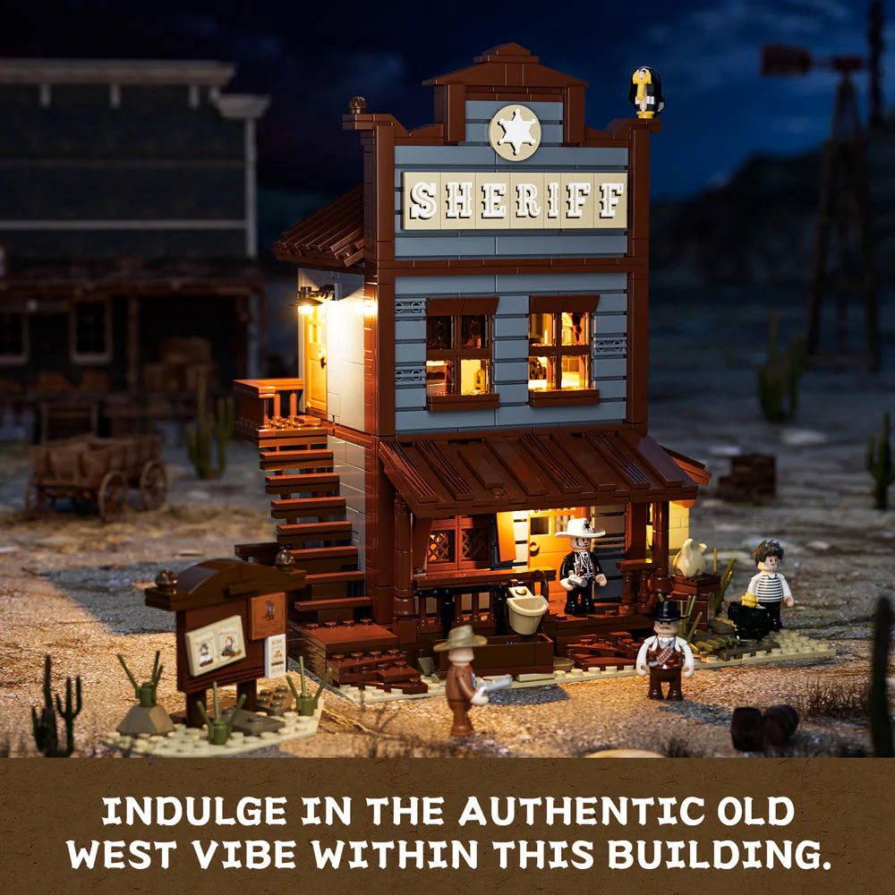 Lumibricks F9026 Sheriff’s Office front view at night with illuminated interior, sheriff sign, and minifigures in Western setting