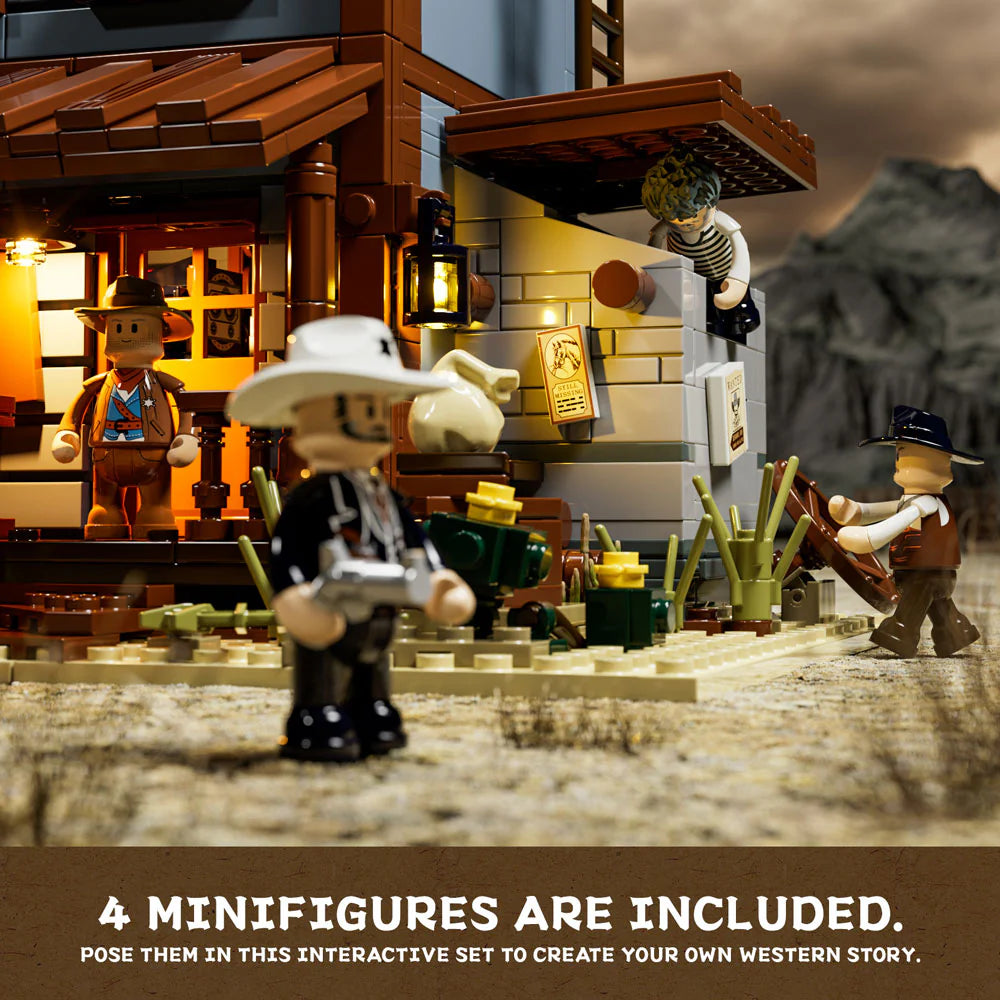 Lumibricks F9026 Sheriff’s Office close-up with four minifigures, wanted poster, and detailed Western accessories