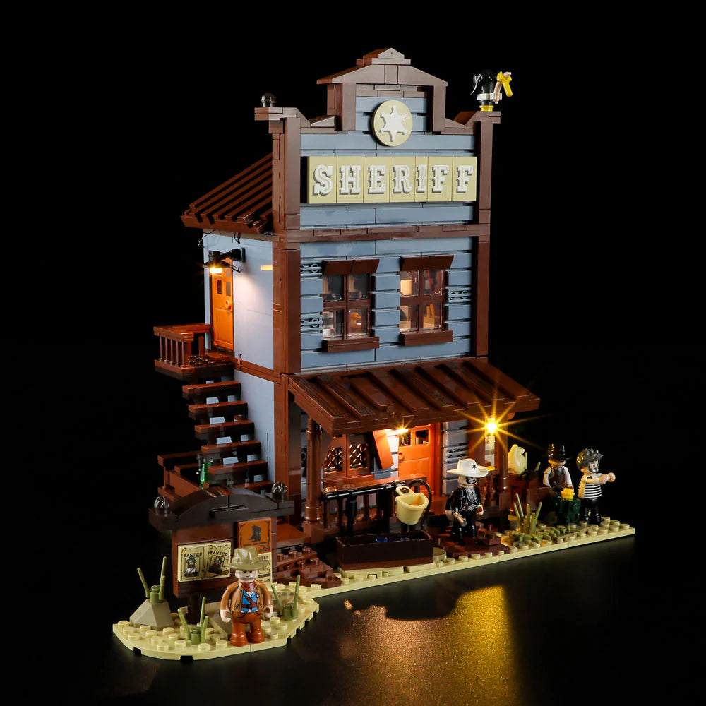 Lumibricks F9026 Sheriff’s Office side angle at night with illuminated staircase, sheriff sign, and minifigures outside