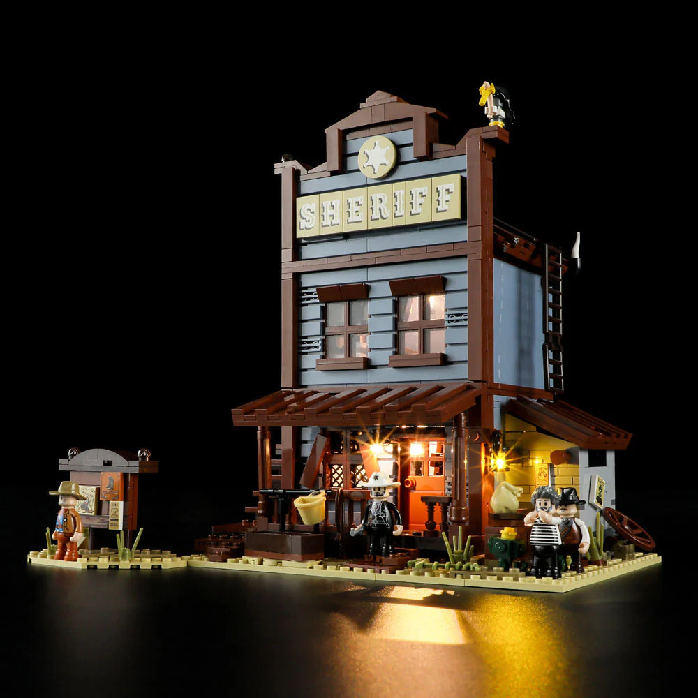Lumibricks F9026 Sheriff’s Office night view with illuminated porch, sheriff minifigure, wanted poster board, and Western details