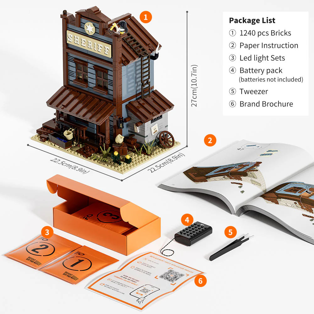 Lumibricks F9026 Sheriff’s Office package contents with assembled Western building, brick bags, instructions, LED light set, battery pack, tweezer, and set dimensions