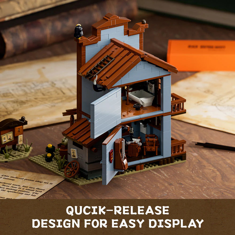 Lumibricks F9026 Sheriff’s Office rear cutaway showing quick-release design, open walls, and detailed interior rooms
