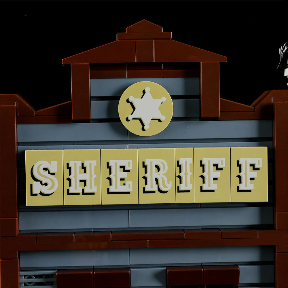 Lumibricks F9026 Sheriff’s Office close-up of sheriff sign with star badge and bold lettering on Western building facade