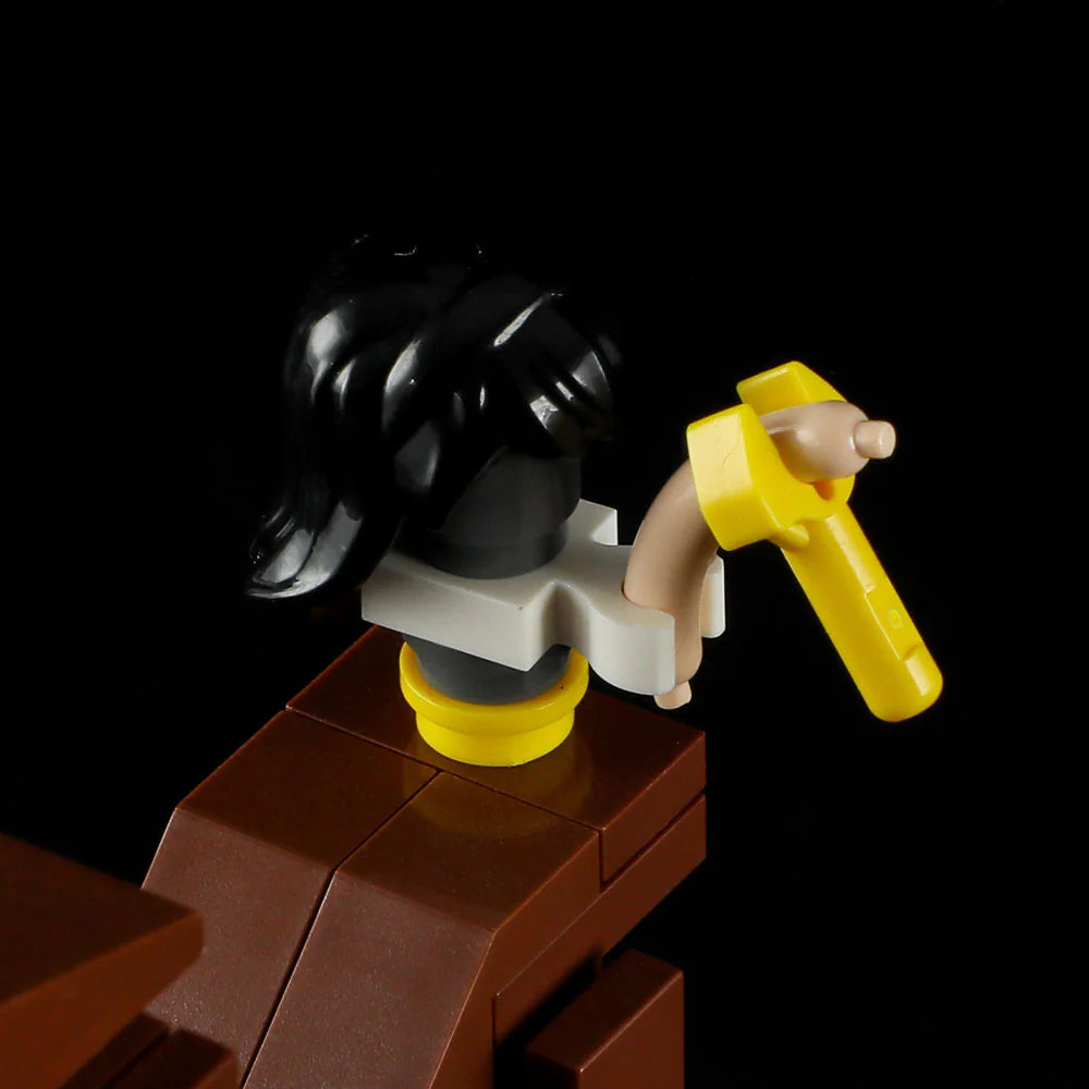 Lumibricks F9026 Sheriff’s Office woman minifigure on rooftop holding yellow tool, close-up with black hair and brown roof tiles