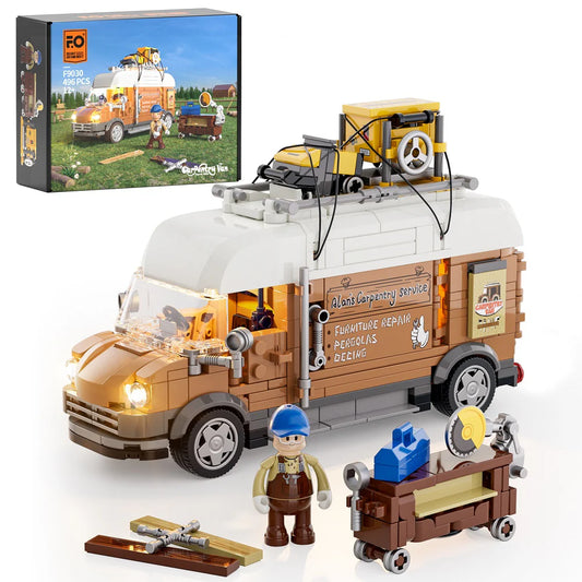 Lumibricks F9030 Carpentry Van box set with assembled van, carpenter minifigure, table saw, and tools in a grassy outdoor scene