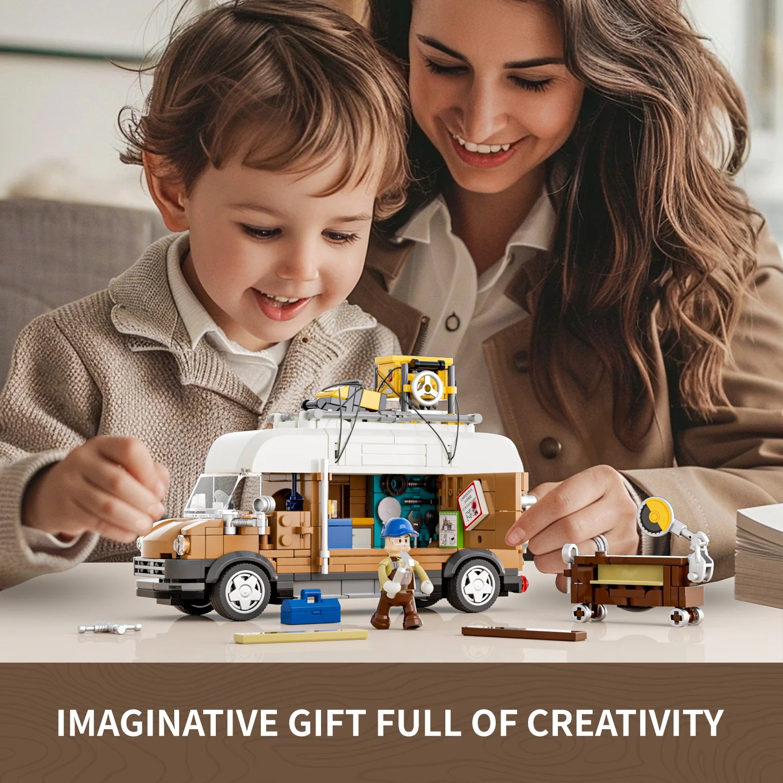 Lumibricks F9030 Carpentry Van play scene with child and adult, featuring van, carpenter minifigure, table saw, and tool box