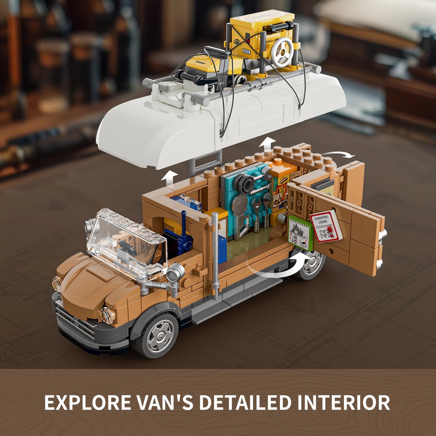 Lumibricks F9030 Carpentry Van with lift-off roof, open side door, and view of detailed woodworking interior and tool storage