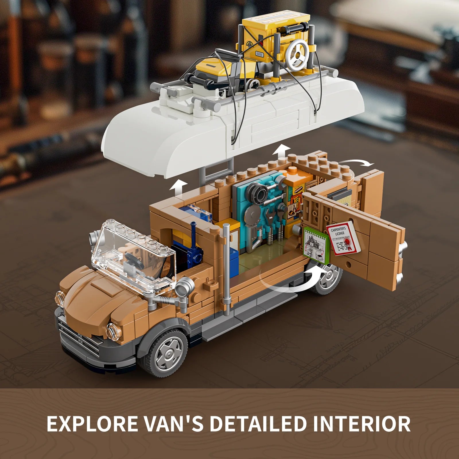 Lumibricks F9030 Carpentry Van with lift-off roof, open side door, and view of detailed woodworking interior and tool storage
