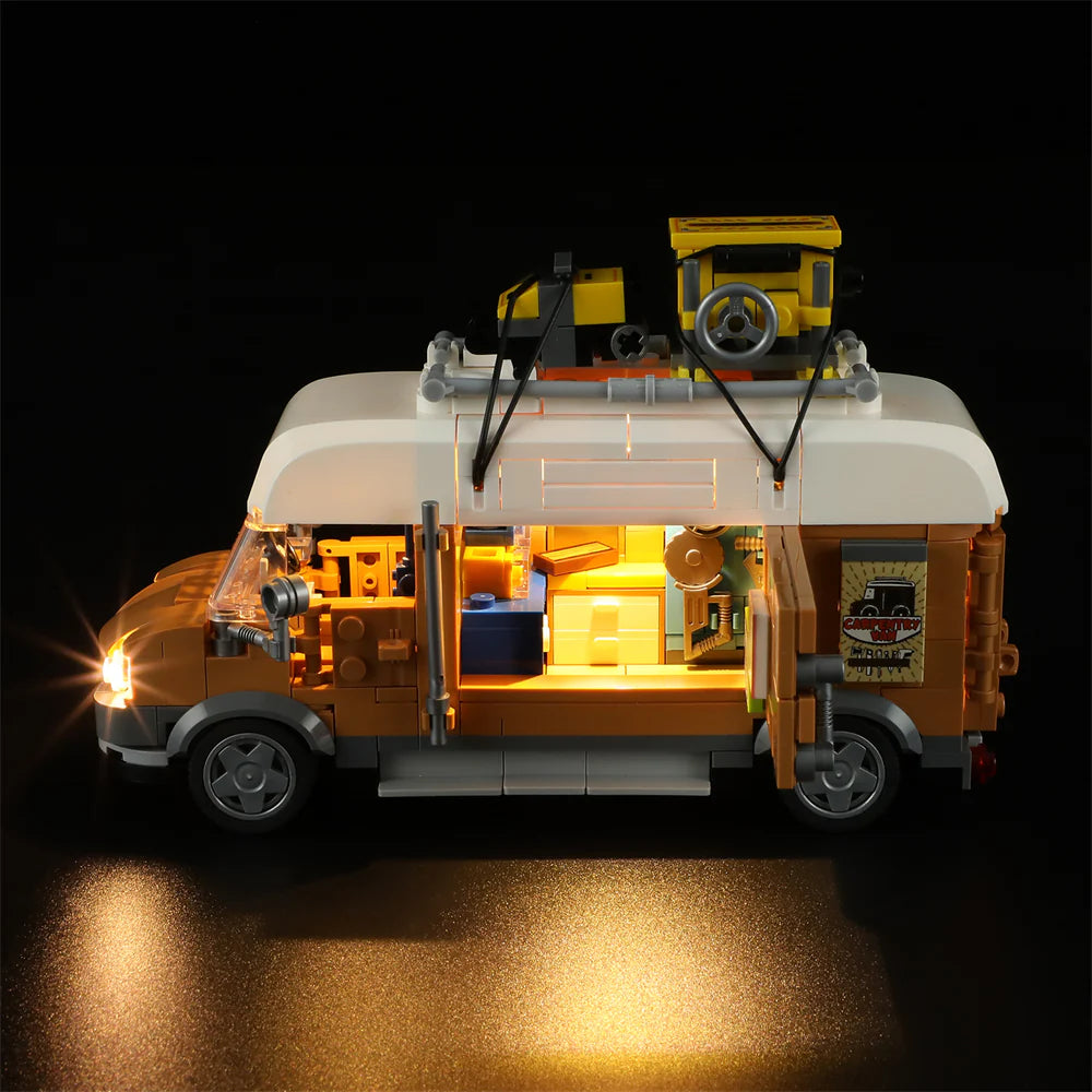 Lumibricks F9030 Carpentry Van side view with open sliding door, glowing interior, woodworking tools, and rooftop equipment