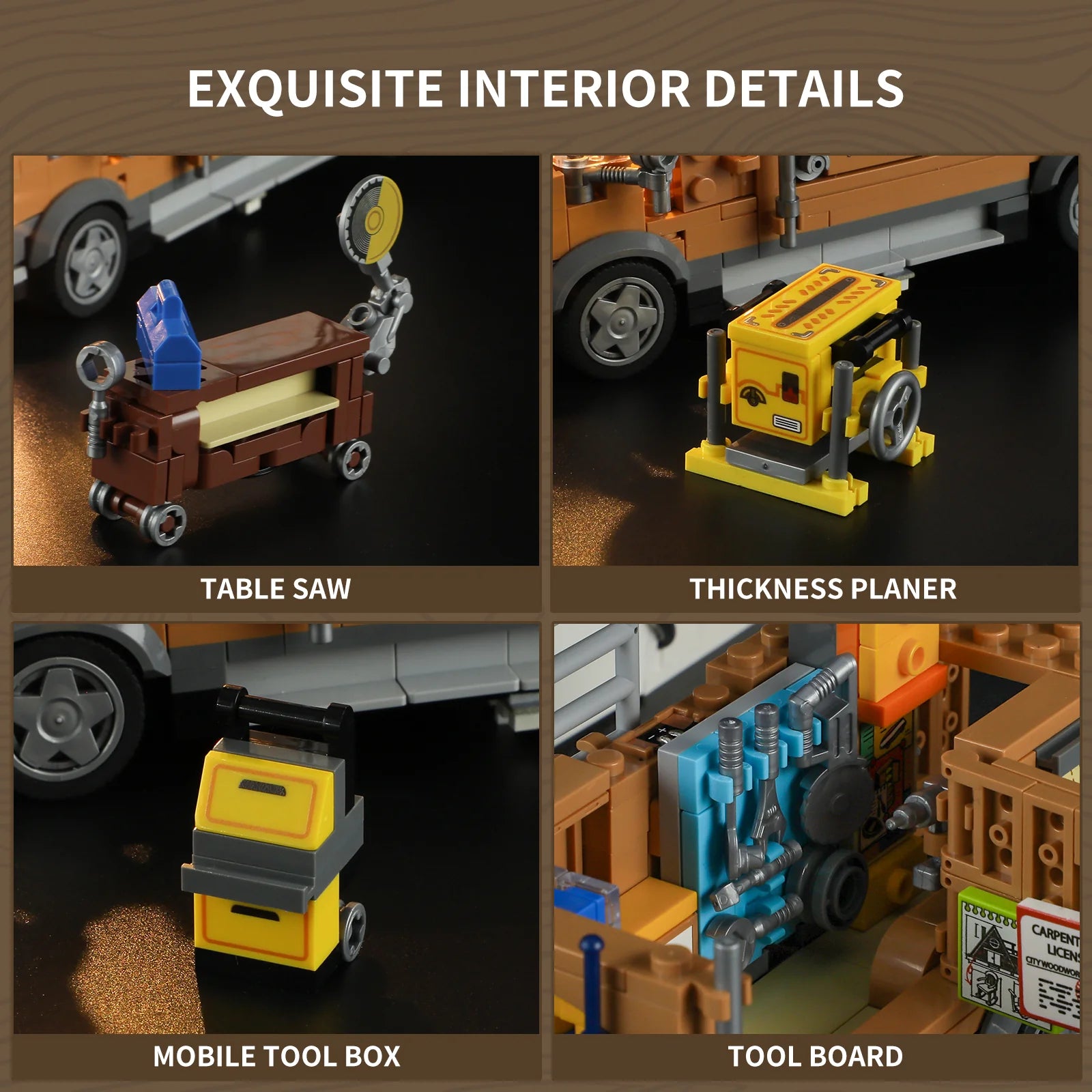 Lumibricks F9030 Carpentry Van interior details with table saw, thickness planer, mobile tool box, and tool board accessories