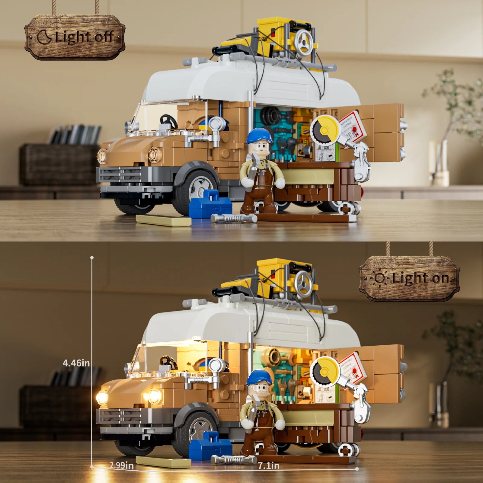 Lumibricks F9030 Carpentry Van shown with lights off and on, featuring illuminated van, carpenter minifigure, and detailed tools